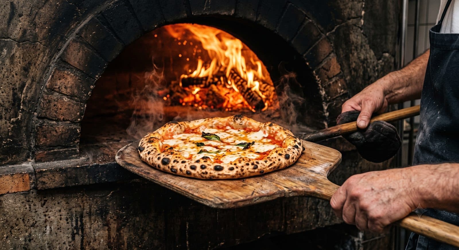 Pizza wyjmowana z pieca opalanego drewnem